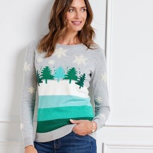Talbots Gray and Green Tree Pattern Sweater